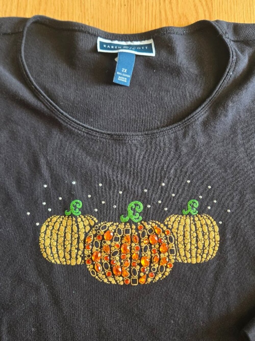 Karen Scott 2X Embellished Pumpkin Fall Top Black 3/4 Sleeve